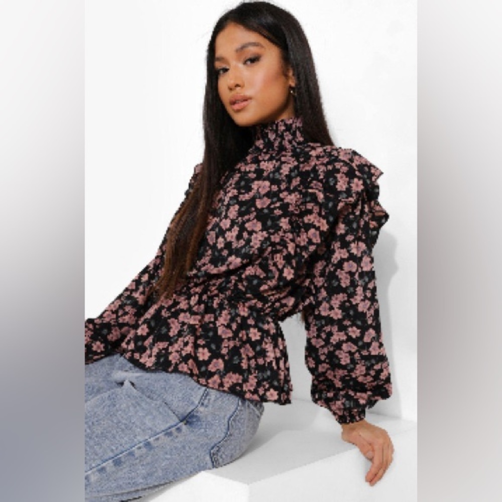 BooHoo Petite Floral Print High Neck Blouse